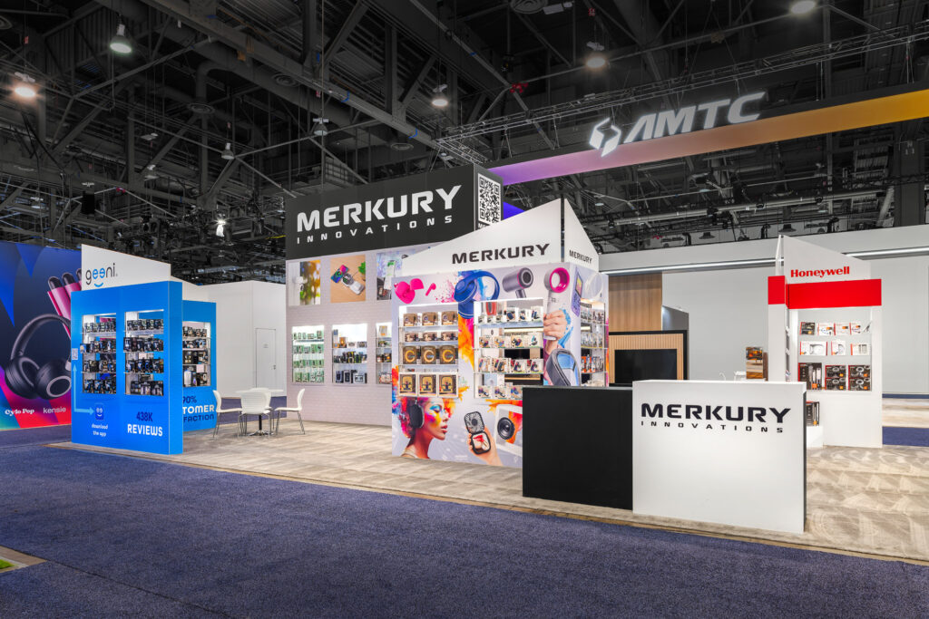 Merkury Innovations Custom Trade Show island exhibit Las Vegas CES 2025 design by Apple Rock